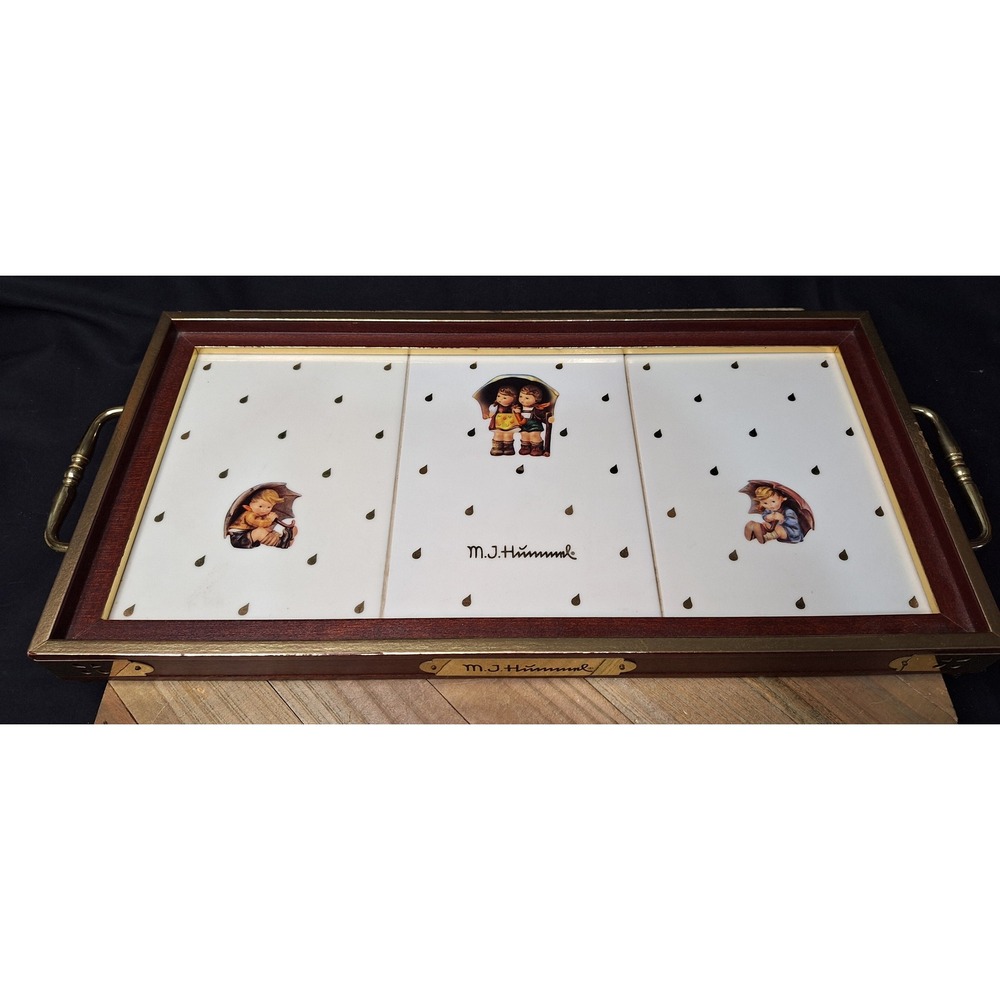 Vintage M.J. Hummel Wooden Serving Tray Brass Handles Ceramic Tiles Umbrella Boy